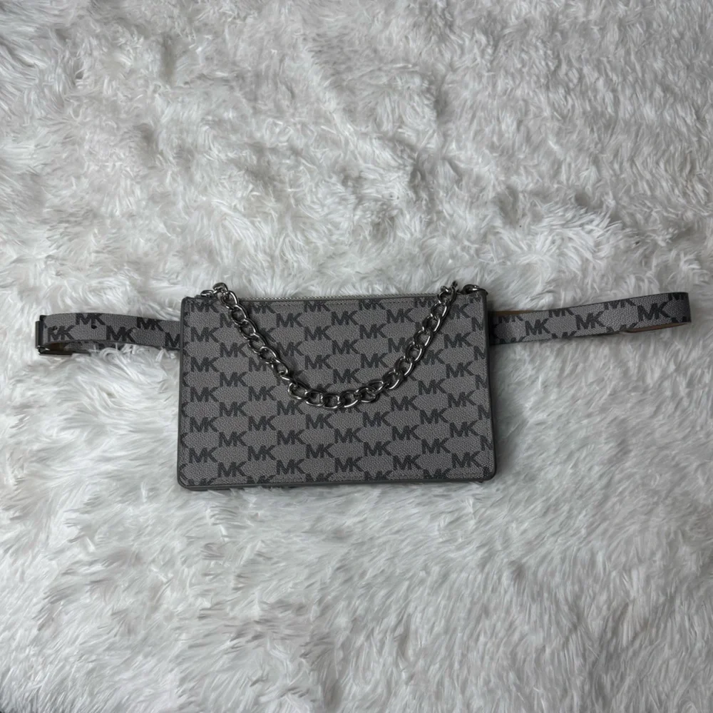 MICHAEL Michael Kors Gray MK Logo Belt Bag with Silver Chain